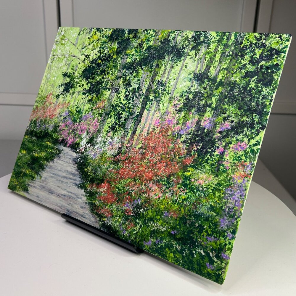 First Blooms Of Spring Acrylic Painting Woodland Path Scene, 9" X 12", Unframed - Picture 5 of 6